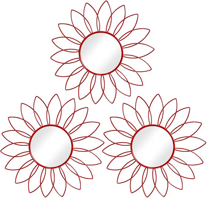 3 Pack Metal Mirrors for Wall Sunburst Wall Mirrors Home Décor Decorative Hanging Wall Art for Living Room Bedroom Entryway (Red, Flowers)