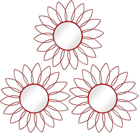 3 Pack Metal Mirrors for Wall Sunburst Wall Mirrors Home Décor Decorative Hanging Wall Art for Living Room Bedroom Entryway (Red, Flowers)