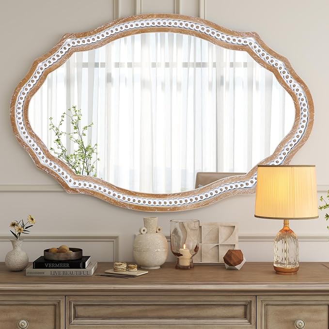24x35 Inch Decorative Wooden Oval Wall Mirror, Rustic Farmhouse Bathroom Mirror Over Sink, Accent for Entryway, Living Room, Bedroom, Vertical or Horizontal Hanging