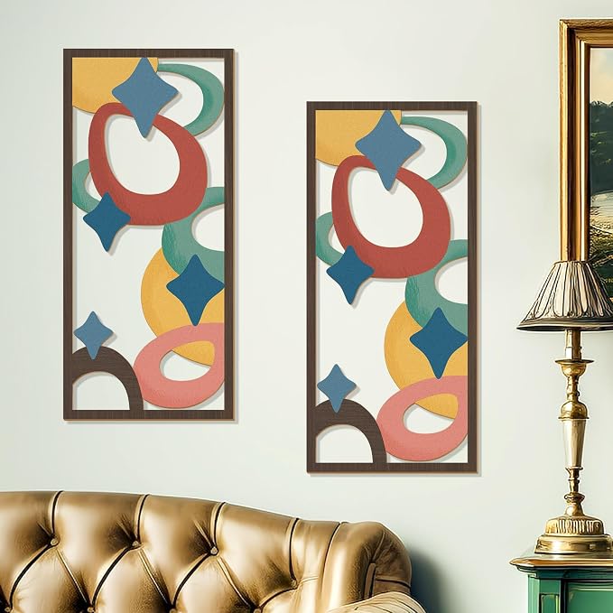 Zzbakress 2 Pcs Mid Century Modern Decor Wooden Geometric Wall Art Abstract Wall Decor Art Elegant Wall Decor for Home Living Room Bedroom