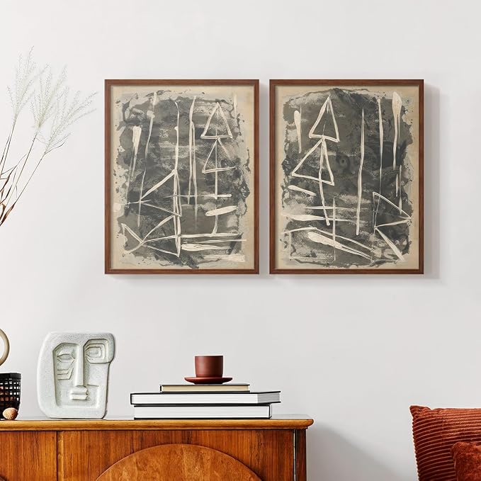 Renditions Gallery Set of 2 Peel & Stick Framed Prints, Trendy Abstract Wall Art, Textured Linework Striking Wall Decor, Re-Stickable - Ready to Hang - 8"x10" - Walnut Frame LT588