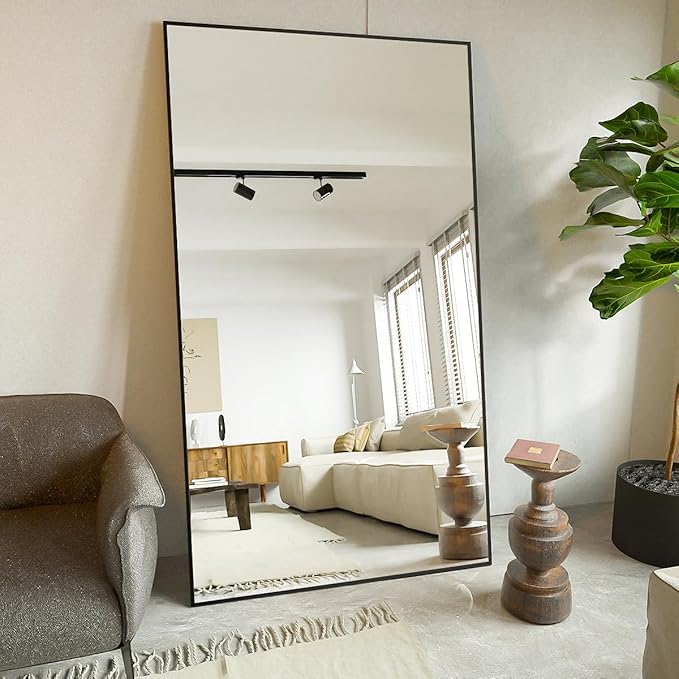 Koonmi 76"x34" Floor Mirror Full Length, Bedroom Floor Body Mirror with Stand, Large Black Mirror, Leaning, Standing or Hanging Horizontally/Vertically
