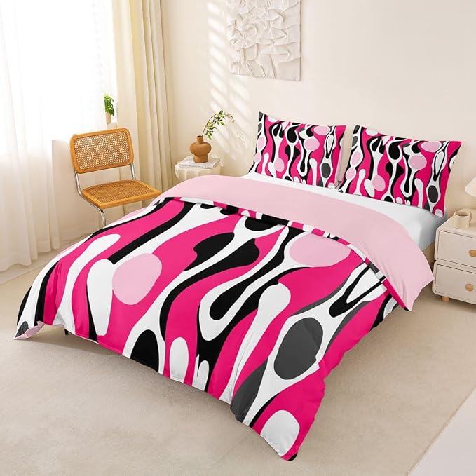 Erosebridal Organic Geometric Duvet Cover Set Modern Abstract Twin Bedding Sets for Girls Teen Boys Retro Mid Century Comforter Cover Modern Fluid Art Irregular Circles Bed Set,Fuchsia Pink