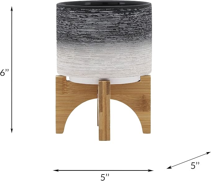 Modern Ceramic Planter with Wooden Stand – Stoneware Plant Pot Holder, Stylish Indoor & Outdoor Home Decor for Living Room, Bedroom, Office, or Garden, Plant Stand Indoor – 6", Gray & White