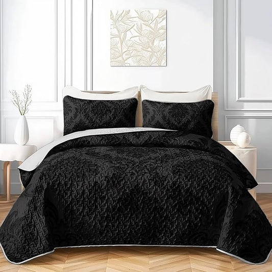 AILONEN Black Gothic Damask Twin Quilted Comforter Set 3 Piece, Ornamental Floral Bedspread Coverlet with 2 Pillowcases, Elegant Dorm Bedding for Students