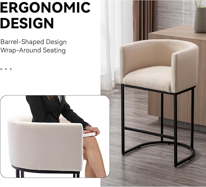Contemporary Cream Linen Bar Stools Set of 3, 29" Upholstered Fabric Counter Height Barstools Kitchen Counter Island Stools with Black Metal Base