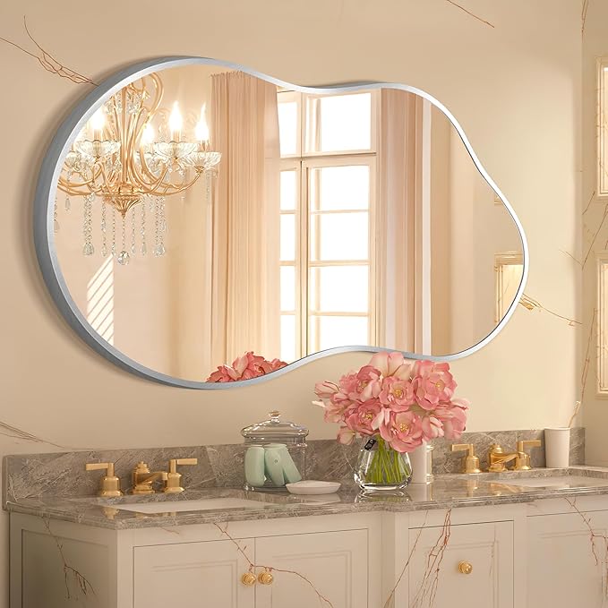 Irregular Wall Mirror - Wall Mirrors Decorative 24"x36" Silver Asymmetrical Mirror Tempered Glass Aviation Aluminum Alloy Frame for Bathroom, Bedroom, Living Room, Cloakroom, Entryway