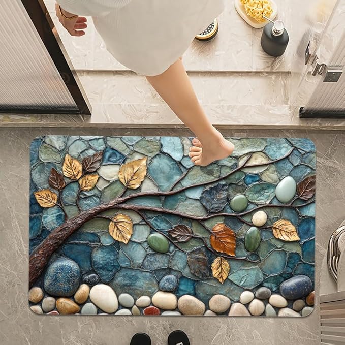 Bath Mat Rug,Mosaic-Stone Tree Non Slip Quick Dry Super Absorbent Thin Bathroom Rugs Fit Under Door-Easy to Clean Bathroom Floor Mats-Shower Rug for Shower Sink Bathtub(17" x 27.5"in)