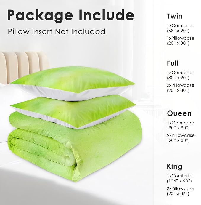 Comforter Set with 2 Pillowcases King Size, Modern Lime Green Lemon, Bed Decor Watercolor Pastel Dye Stained Abstract for Kids and Adults, Soft Cozy Bedroom Bedding Set