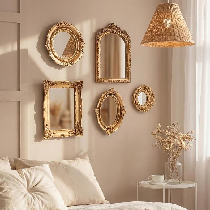 5 Pcs Vintage Gold Mirror Luxury Set Small Gold Mirrors Gallery Wall Mirror Hanging Antique Art Decor for Wall Living Room Entryway Assorted Sizes (10in/8in/7in/4in,Stylish Style)