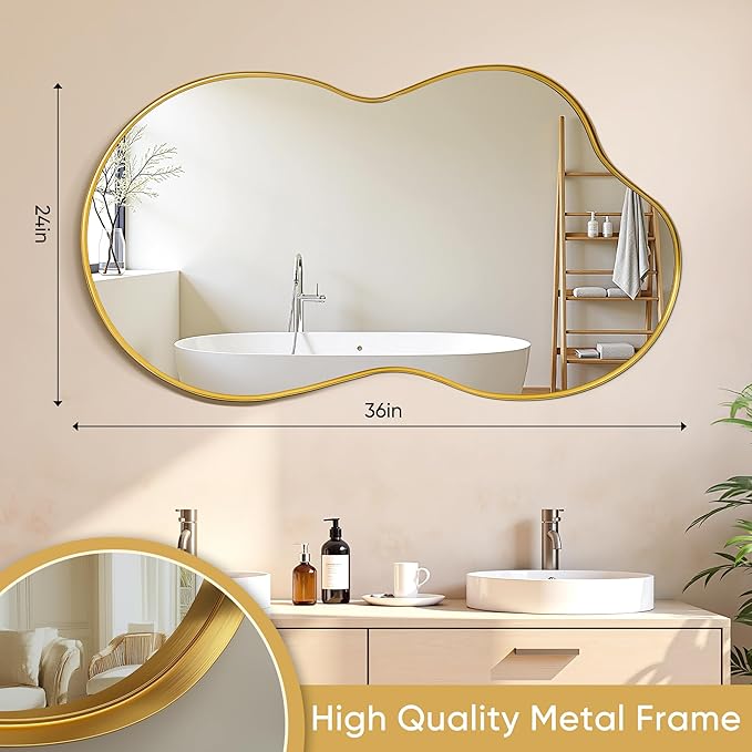 Suidia Irregular Wall Mirror, 36"x24" Bathroom Mirror Asymmetrical Mirrors Artistic Mirrors Decorative for Living Room Bedroom Bathroom Hallway Entryway, Gold, Cloud Style