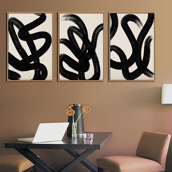 arteWOODS Framed Wall Art Canvas Abstract Lines Pictures Modern Mid Century Boho Wall Decor Minimalist Abstract Black Stroke Lines Painting Artwork Living Room Bedroom Home Office Natural 16"x24"x3pc