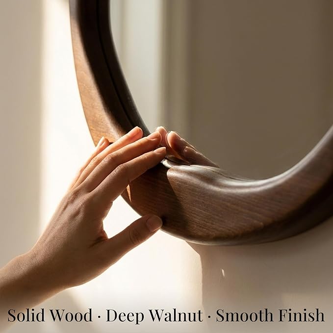 Round Dark Wood Mirror 24 Inch, Irregular Wavy Inner Frame Wall Mirror for Powder Room, Guest Bath, Solid Wood Asymmetrical Modern Decor