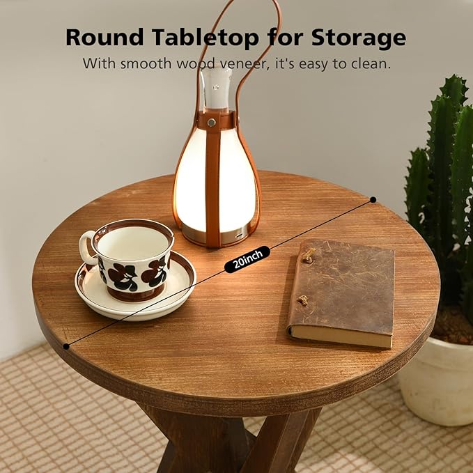 Farmhouse Round End Table Set of 2 with MDF Top and Crossed Legs, Mid Century Modern Side Table Small Accent Table for Small Space Stable Nightstand for Living Room, Natural Wood