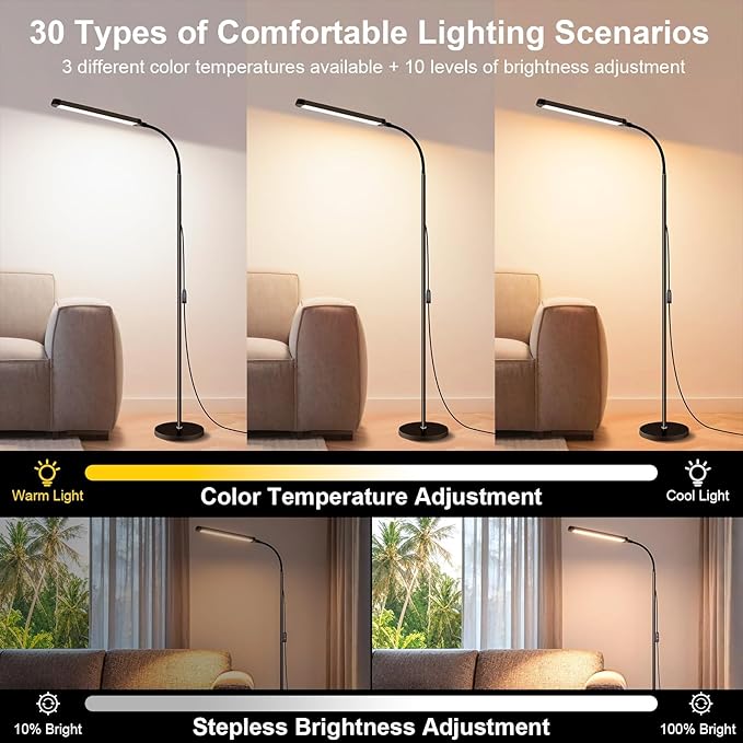 Bright 12W LED Flicker-Free Eye Protection Dimming Floor Lamp,3000-6000k,Gooseneck adjustable Standing Reading Lamp for Living Room Bedroom Bedside Office Classroom Task Craft, Black Modern Light