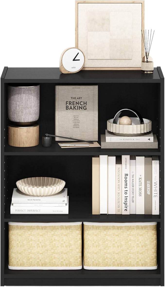 Furinno GEHRY Book Shelf, 3-Tier Small Bookshelf, Bookcase with Adjustable Shelves, 11.6 x 24.8 x 31.6, for Organization and Storage, for Living Room, Bedroom, Home Office, Blackwood