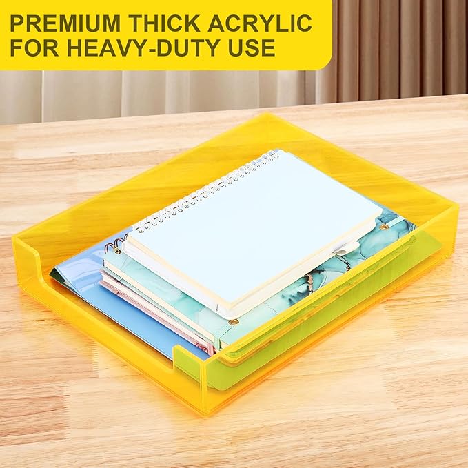 Paper Tray Acrylic File Organizer for Desk Letter Tray Desk Organizer Document Holder Sorter Storage for A4 Office Supplies Magazines, 13.8x10.6x2.4 Inches, Neon Yellow