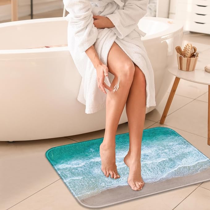 Britimes Bath Mat for Bathroom No Slip Blue Beach Sand Waves Washable Cover Floor Rug Carpets Floor Mat Bathroom Decorations 16x24 inches for Kitchen Bedroom Indoor