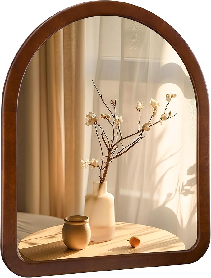 Arched Mirror 30 x 36 Inch,Walnut Brown Wood Rustic Bathroom Tempered Wall Mirror with Wood Frame,Round Corner Arch Farmhouse Wooden Vanity Mirror for Living Room,Entryway or Bedroom