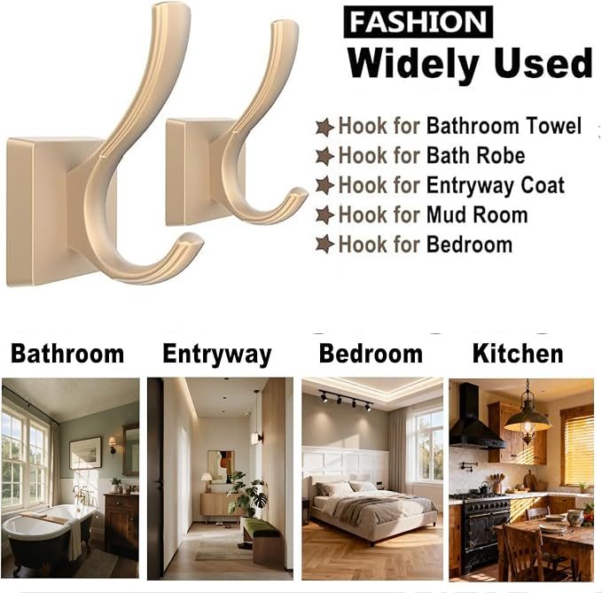 TOFIIGREM Gold Coat Hooks, Towel Robe Hooks Bathroom Entryway Mudroom Pool Hooks for Wall Mount Hanging Towels Bathrobe Key Hat Backpack (2 Pack, Gold)