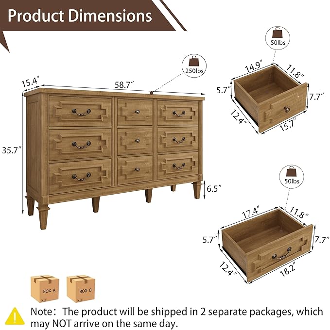 9 Drawer Dresser for Bedroom, 35.7" Tall Dresser & Chest of Drawers wtih Vintage Surface, Closet Storage Cabinet for Living Room, Hallway, Natural Oak