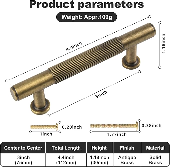 5 Pack Antique Brass Kitchen Cabinet Pulls, 3 Inch Solid Brass Dresser Drawer Handles, Furniture Hardware Door Pulls for Cupborard Wardrobe Closet Vanity