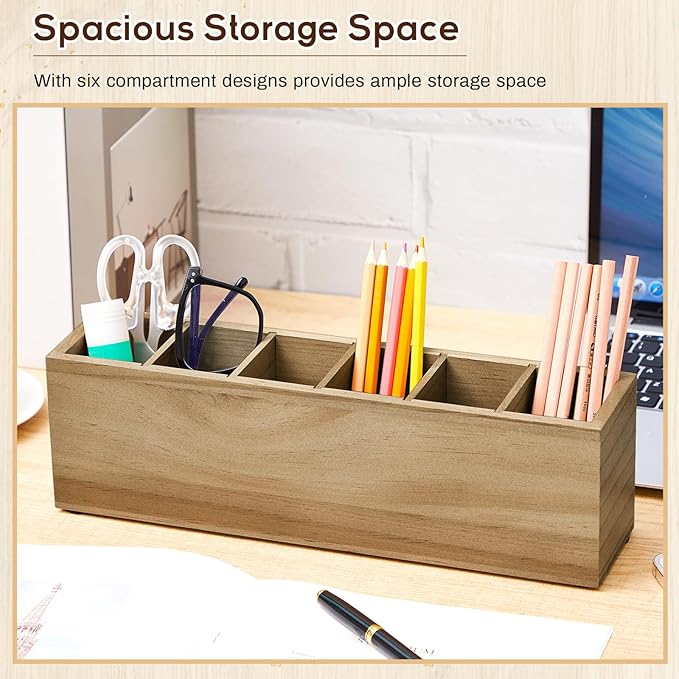 Jetec Wooden Pencil Pen Holder for Desk 6 Compartments Cosmetic Makeup Brush Stationery Office Desktop Organizers for Countertop Adjustable Silverware Caddy for Home and Party, Art Supplie(Wood Color)