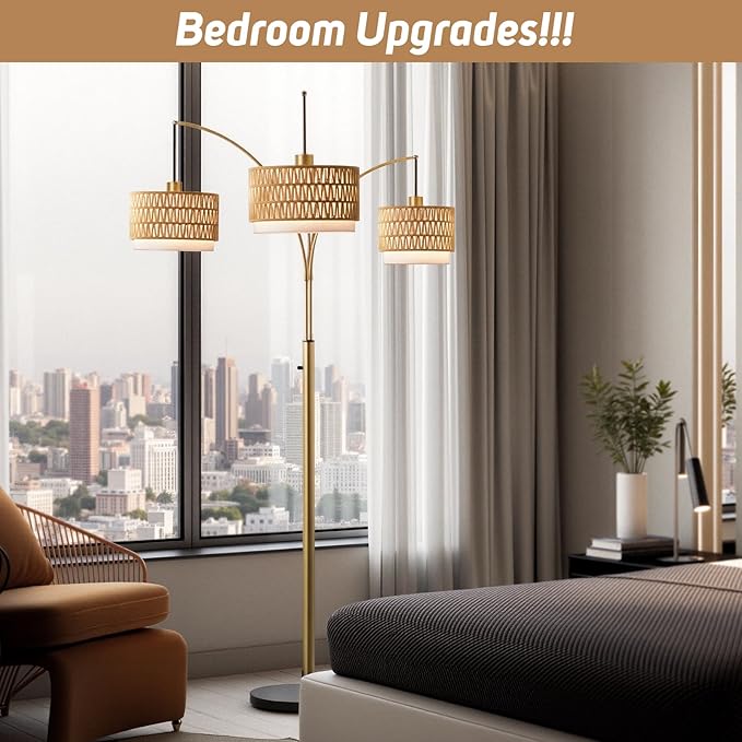 Gold Rattan Floor Lamp for Living Room, 80 Inch Tall Boho Floor Lamp with Rotary Switch, 3 Lights Arc Lamp with Wicker Shade for Coastal,Bohemian,Tree Farmhouse Standing Lamp