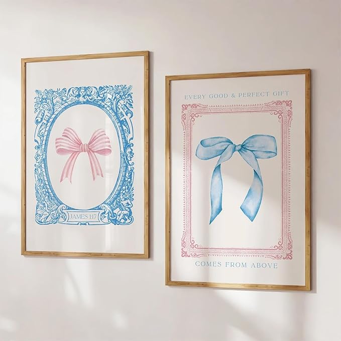 Preppy Bow Wall Art Decor Set of 2 Coquette Canvas Wall Decor Aesthetic Pictures Trendy Girly Wall Art Pink Blue Bow Prints Christian Bible Verse Poster for Bedroom Living Room 12x16 Inch Unframed