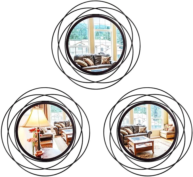 3 Set Round Mirrors for Wall Decor Living Room Bedroom Bathroom Dining Room Metal Circle Mirror Set Boho Decorative Sunburst Wall Art Accent Entryway - Black 9.5 in
