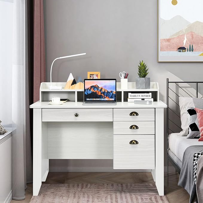 48" Vintage Computer Desk with 4 Storage Drawers & Top Hutch, Home Office Workstation with Drawer & Monitor Stand, Wooden Study Work Writing Table (White)