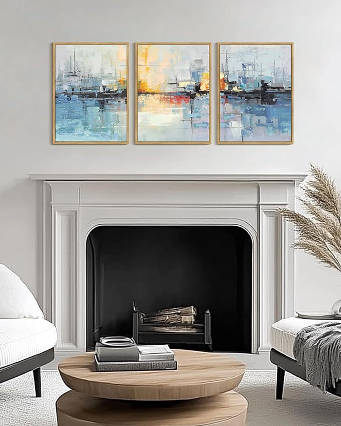 KUVIOKE Navy Blue Abstract Landscape Framed Canvas Wall Art Graffiti Shape Pastel Wall Decor Modern Minimalist Art Painting for Bedroom Dining Room 12x16in (Natural Framed)