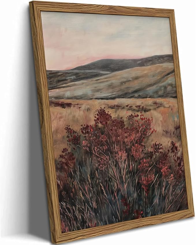 Moody Landscape Wall Art Vintage Wildflower Wall Decor Painting Cottagecore Nature Botanical Flower Picture Artwork 3D Textured Hand Drawn Sandstone for Living Room Bedroom 24x36 inch Wood Framed