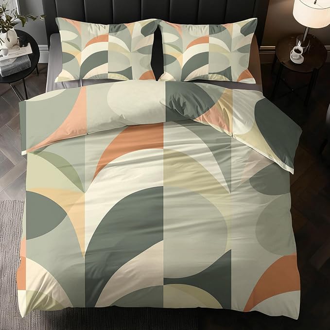 Sage Green Geometric Duvet Cover Oversized King Size, Boho Abstract Bedding Set 3 pcs with 2 Pillow Covers, Mid Century Modern Bedroom Decor, Soft Microfiber Reversible, Zipper & Ties KJJT 109