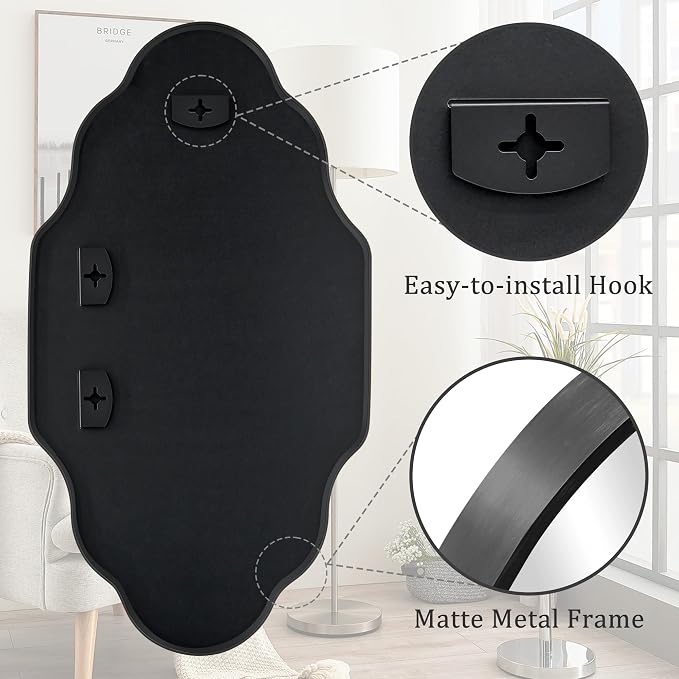 Scalloped Mirror for Bathroom - 20"x36" Black Bathroom Mirror with Aviation Aluminum Alloy Frame & Shatter-Proof Glass for Living Room Bedroom Entryway, Brushed Black Frame