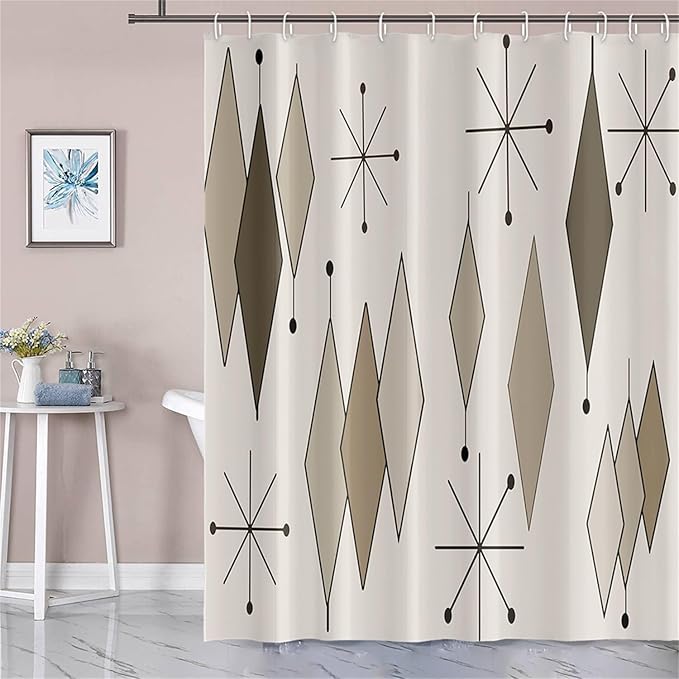 Boho Light Grey Brown Shower Curtain Abstract Mid Century Diamond Geometric Atomic Starburst Pattern Beige for 1950s Retro Bathroom Decor Shower Curtain Set with 12 Hooks, 69x70 Inches