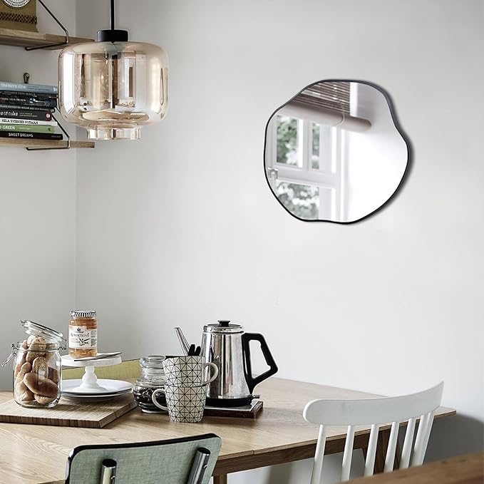POZINO Irregular Shaped Mirror, 16" Small Asymmetrical Mirrors, Black Scalloped Rounded Mirror, Modern Frameless Abstract Mirrors for Bathroom Living Room Bedroom Entryway Fireplace