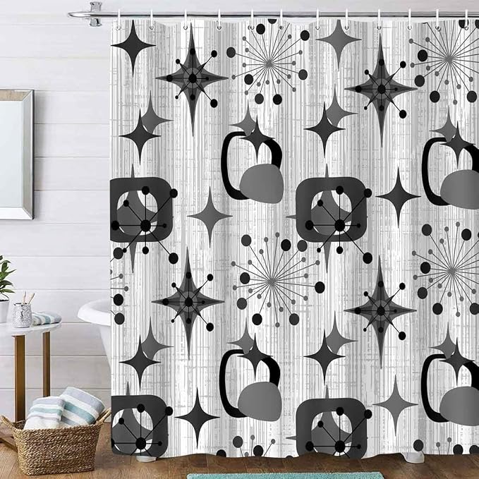 Mid Century Shower Curtain, 72x72inch, Modern Abstract Retro Grey Striped Geometric Shower Curtain Sets 1950s Boho Bathroom Shower Curtain with 12 Hooks