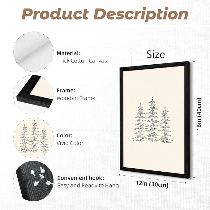 Christmas Wall Art Winter Xmas Canvas Decor Christmas Tree Picture Merry Christmas Wall Art Minimalist Vintage Painting Beige Farmhouse Prints Holiday Poster for Bathroom 12x16x3 Inch Framed