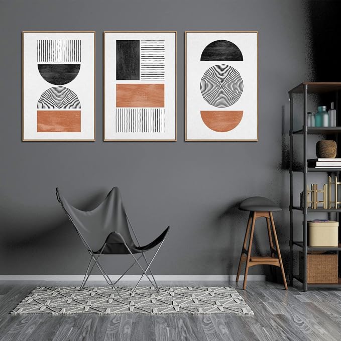 Framed Wall Art Canvas Set Mid Century Boho Pictures Modern Geometric Wall Decor Minimalist Black Brown Bohemian Abstract Painting Artwork for Living Room Bedroom Office 24"x36"x3 Natural