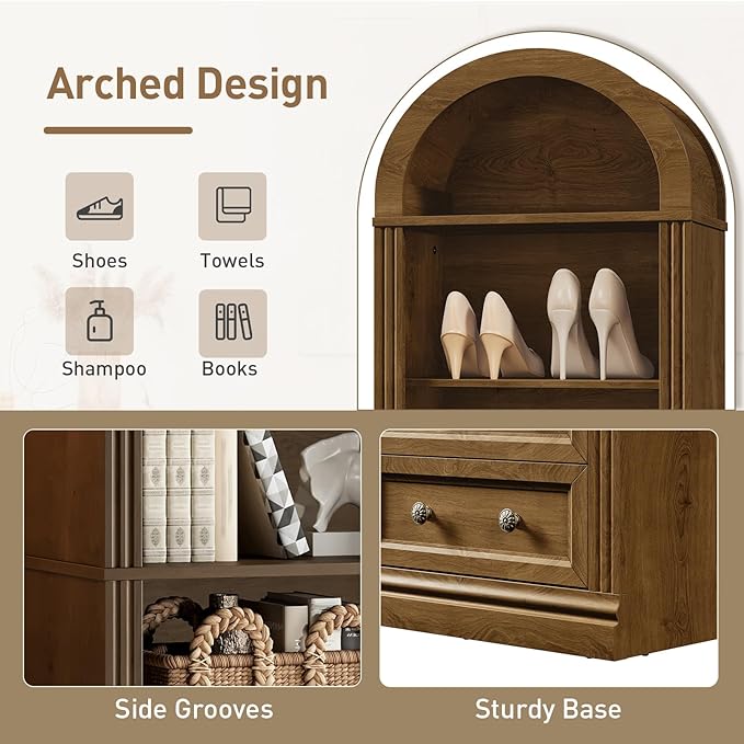 RALGEND Tall Narrow Bookshelf Set of 2, Arched Bookshelf with 2 Drawers, 7-Tier Farmhouse Arch Bookcase, Wooden Book Shelf with Open Display Shelves for Office, Living Room, Kitchen, Walnut