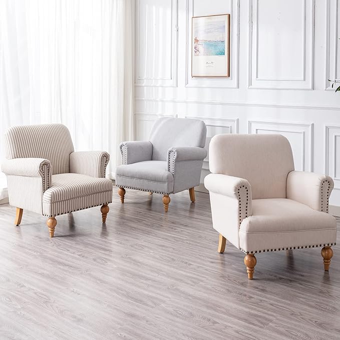 Linen Accent Chair Mid-Century Modern Living Room Armchair with Nailhead Trim & Wood Legs Comfy Upholstered Single Sofa Chair for Lounge/Bedroom/Reception, Khaki Stripe