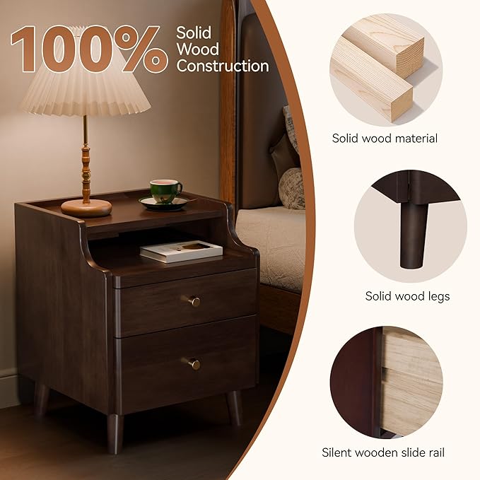 Narrow Nightstand with Drawers, Pre-Assembled Solid Wood Small Skinny Night Stand with Open Sliding Shelf Slim Bedside Table for Bedroom, Slim Side Table (1, Black Walnut, 16")