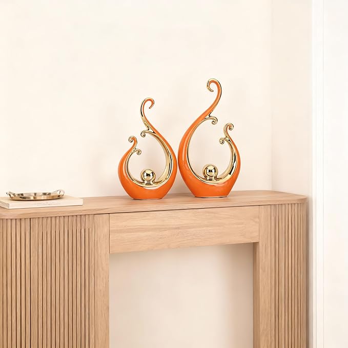 DOVDOV Orange and Gold Home Decor, Abstract Ceramic 2-Piece Sculpture Set, Modern mid-Century Art Statues, Perfect for Accent Tables, countertops, Coffee Tables, and entryway Decor.