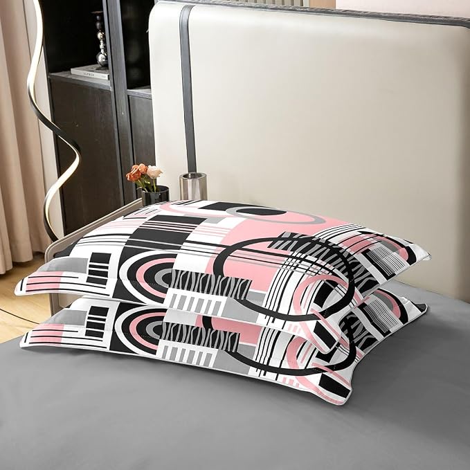 Erosebridal Art Deco Mid Century Duvet Cover Set Retro Modern Abstract Geometric 100% Cotton Comforter Cover Black and White Pink Circles Stripes Twin Bedding Sets for Girls, Contemporary Bed Set