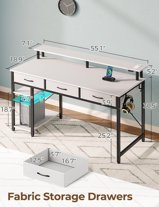 Rolanstar Computer Desk with Power Outlets & LED Light, 55 inch Home Office Desk with Drawers and Storage Shelves, Writing Desk with Monitor Stand, Modern Work Study Desk for Home Office, White
