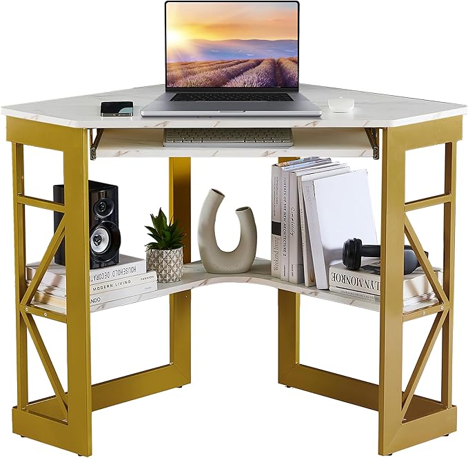 VECELO Corner Computer Desk 41 x 30 inches with Smooth Keyboard & Storage Shelves for Home Office Workstation,White & Gold