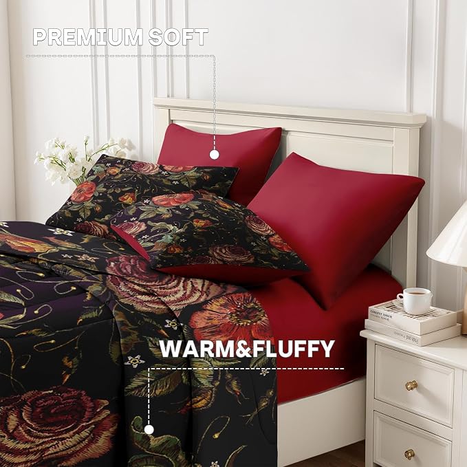 Nesker 7 Pcs Comforter Set King Size, Red Rose Retro Flower Bedding Set for Kids and Adults, Floral Leaves Plant Bed Sheet Sets with Fitted Sheet 2 Pillowcases & 2 Shams