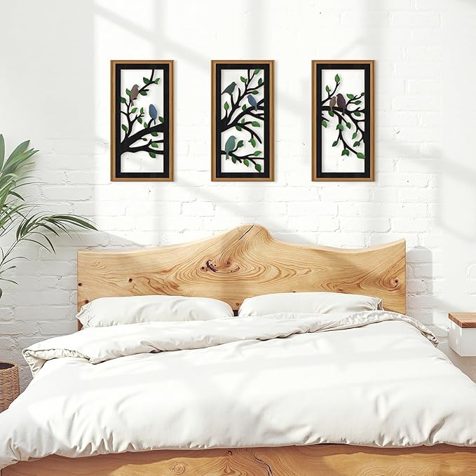 Ausril 3 Pcs Birds Tree Branch Wall Decor,Black Tree of Life Wall Art,Green Leaves with Bird Wall Art,Branch Birds Silhouette Artwork Sculpture,Black Tree Sign Wood Framed for Home Living Room Bedroom