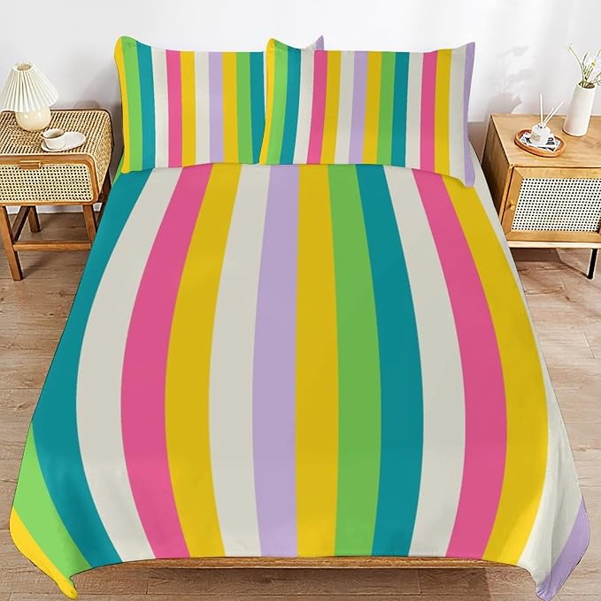 Rainbow Duvet Cover Set, Rainbow Lines Pattern Spectrum of Colors Abstract Art Decorative，Aesthetic Abstract Art Bedding 3 Piece (1 Duvet Cover 102"x90" + 2 Pillow Sham 20"x30")